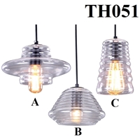 Đèn thả thủy tinh đơn TH051A, trắng có gân, E27x01, KT(mm): 140x200